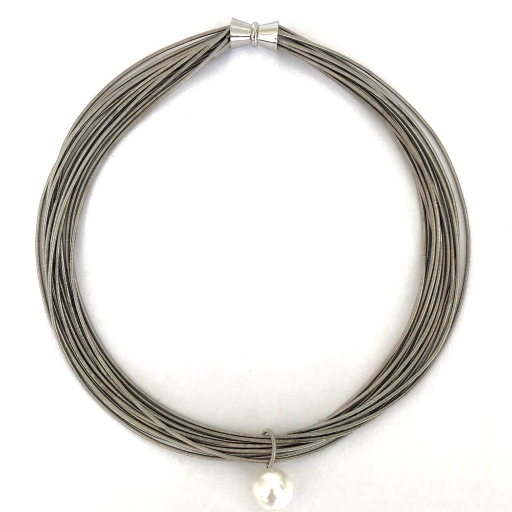 Piano Wire & Faux Pearl Necklace